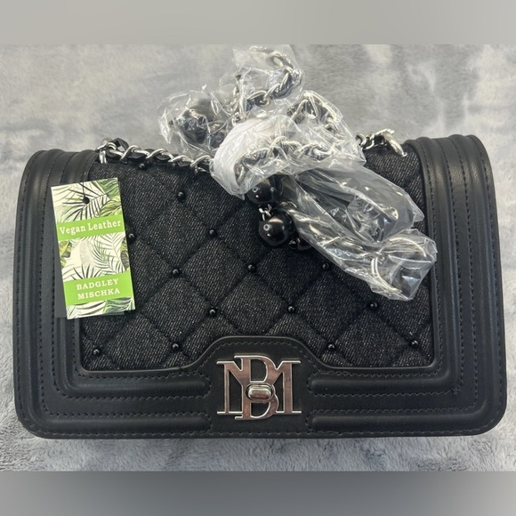 Badgley Mischka Black Denim Diamond Quilted Leather Chain Beaded Crossbody NWT - Picture 3 of 7